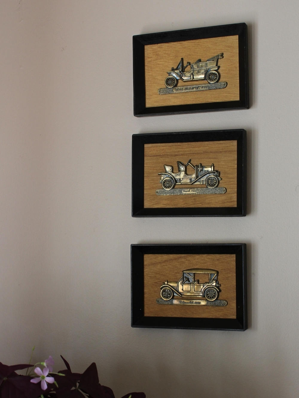 Three Vintage Car Wall Plaques - Wood & Black Frames